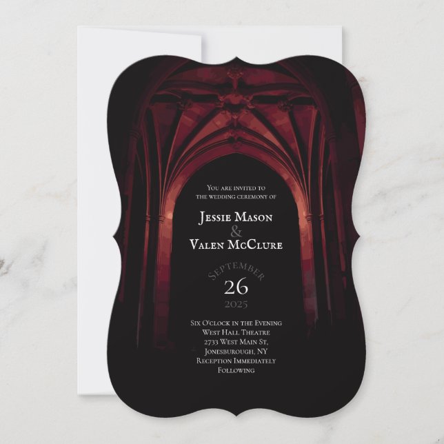 Gothic Arch Elegant Wedding Dark Black Red Invitation (Front)