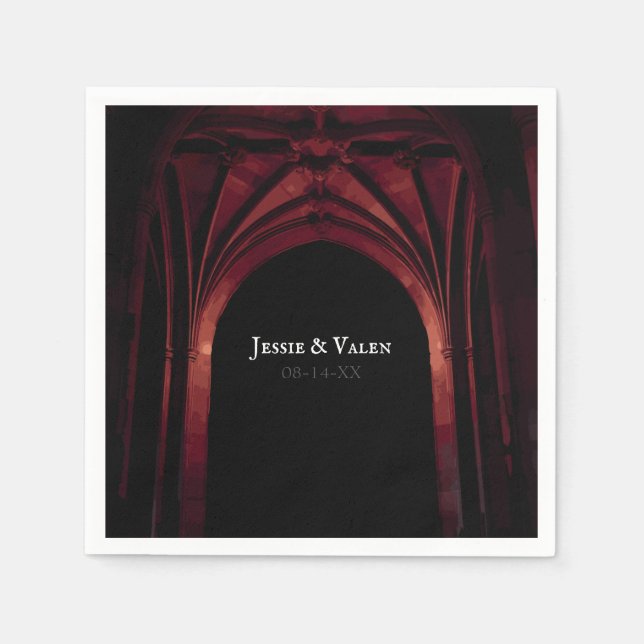 Gothic Arch Elegant Wedding Dark Black Red Napkins (Front)