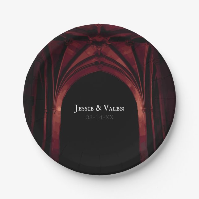 Gothic Arch Elegant Wedding Dark Black Red Paper Plates (Front)
