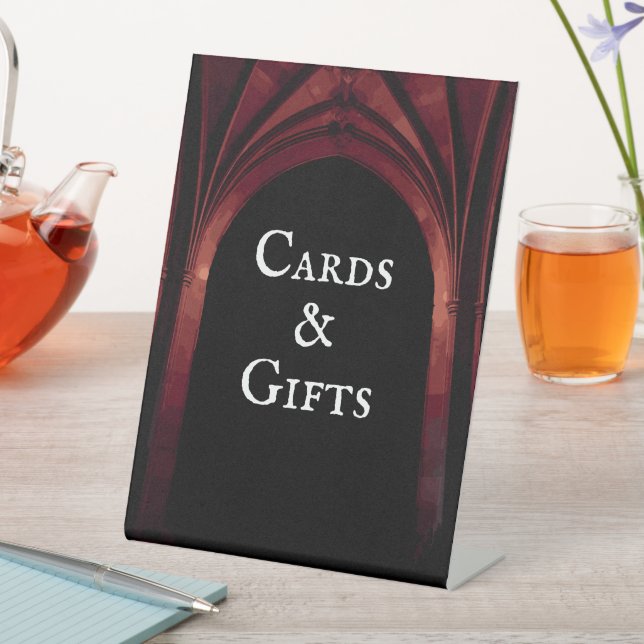 Gothic Arch Elegant Wedding Dark Black Red Pedestal Sign (In SItu)