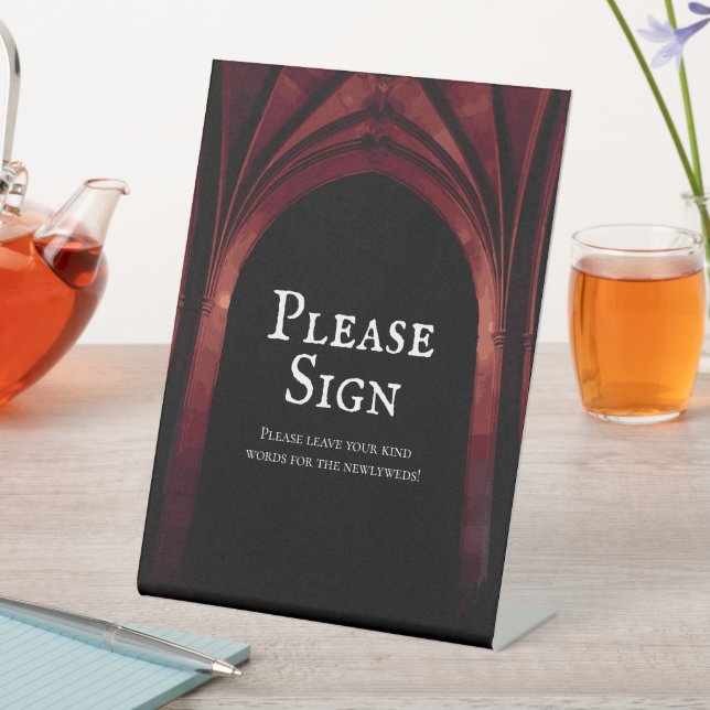 Gothic Arch Elegant Wedding Dark Black Red Pedestal Sign (In SItu)