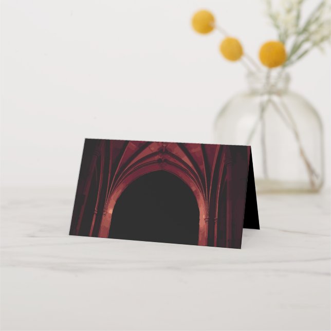 Gothic Arch Elegant Wedding Dark Black Red Place Card (Front)