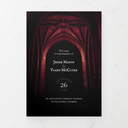 Gothic Arch Elegant Wedding Dark Black Red Tri_Fold Program