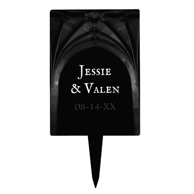 Gothic Arch Elegant Wedding Dark Black & White Cake Topper (Front)