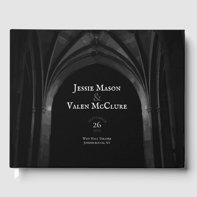 Gothic Arch Elegant Wedding Dark Black & White Guest Book (Front)