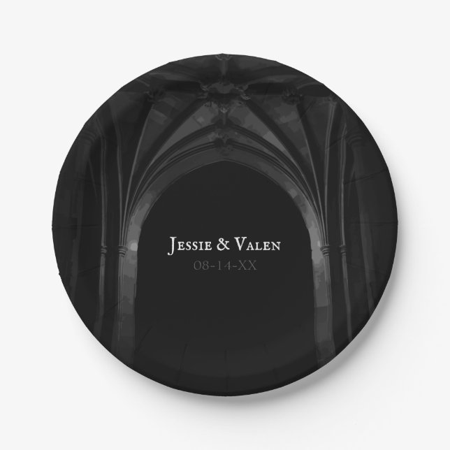 Gothic Arch Elegant Wedding Dark Black & White Paper Plates (Front)