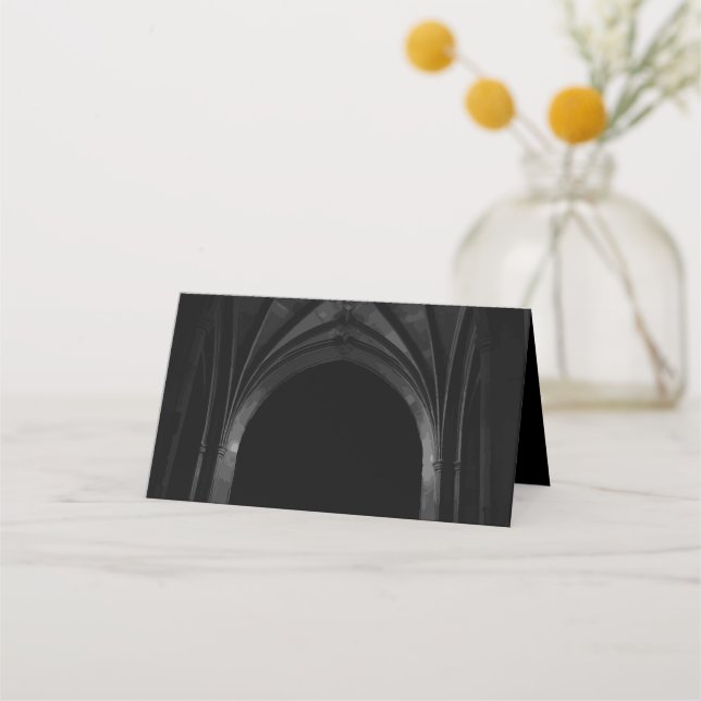 Gothic Arch Elegant Wedding Dark Black & White Place Card (Front)