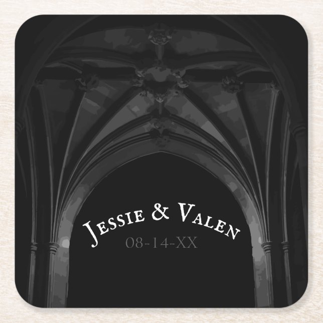 Gothic Arch Elegant Wedding Dark Black & White Square Paper Coaster (Front)