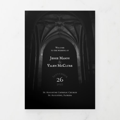 Gothic Arch Elegant Wedding Dark Black  White Tri_Fold Program