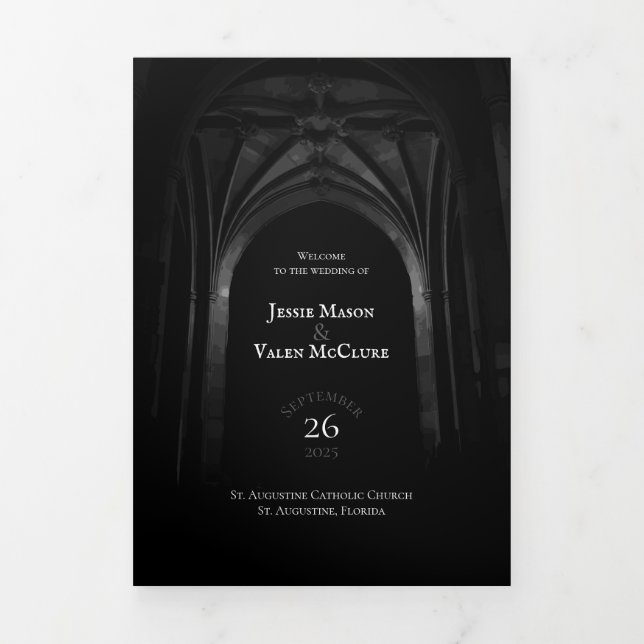 Gothic Arch Elegant Wedding Dark Black & White Tri-Fold Program (Cover)