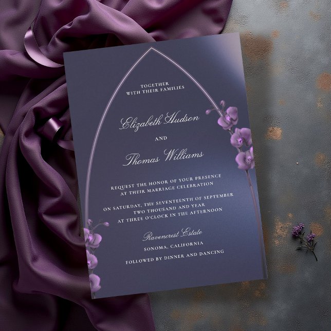 Gothic Arch Moody Blue Purple Orchids Wedding Invitation (gothic arch wedding invitation purple blue navy orchids minimalist modern classic elegant moody dark)