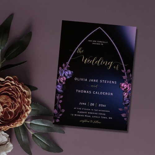 Gothic Arch Moody Purple Roses Chic Floral Wedding Invitation