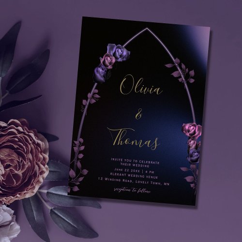 Gothic Arch Moody Purple Roses Gold Script Wedding Invitation