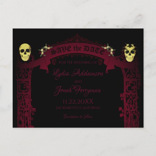 Gothic Arch Trellis and Skulls Wedding Announcement Postcard