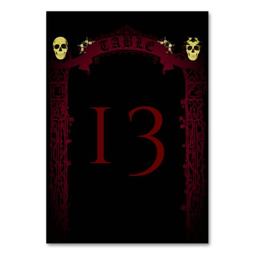 Gothic Arch Trellis and Skulls Wedding Table Number
