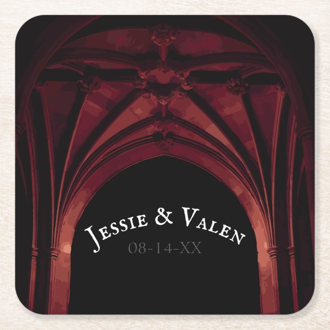 Gothic Arch Wedding Dark Red Square Paper Coaster (Front)