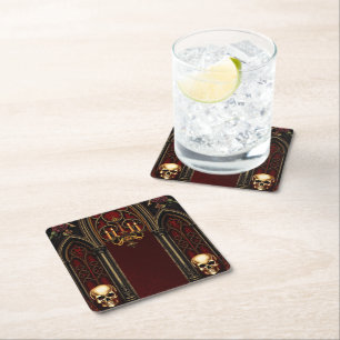 Gothic Archway with Skulls. Square Paper Coaster