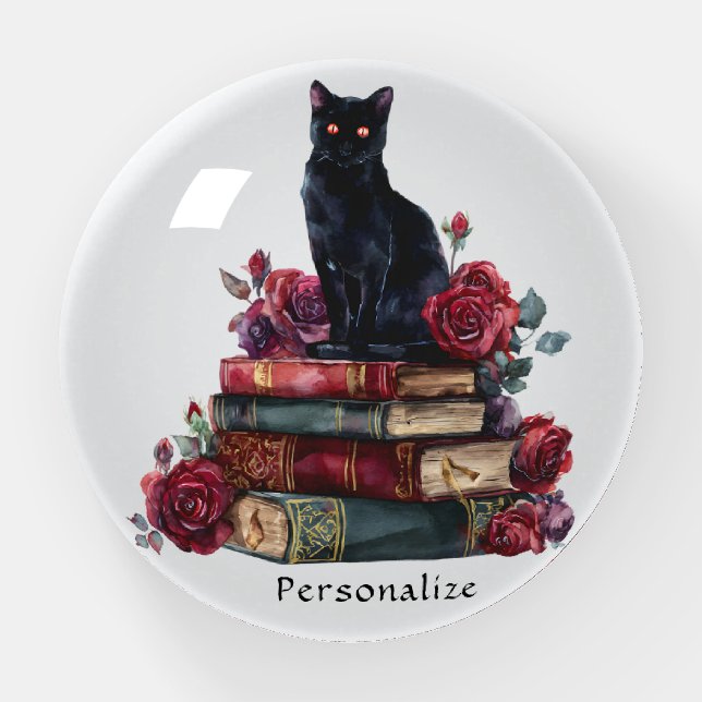 Gothic Art Black Cat Antique Books Crimson Roses Paperweight (Front)