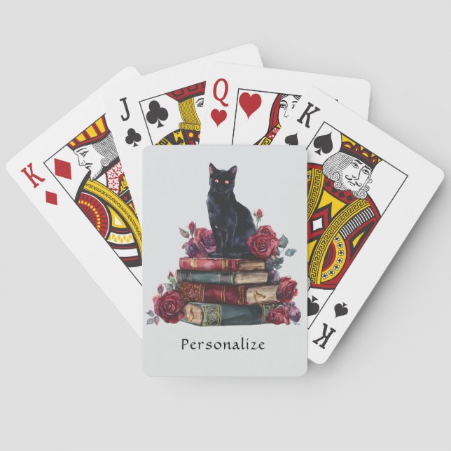 Gothic Art Black Cat Antique Books Crimson Roses Poker Cards (Back)