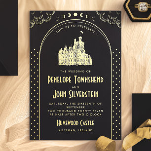 Gothic Art Deco Black Gold Castle Wedding Foil Invitation