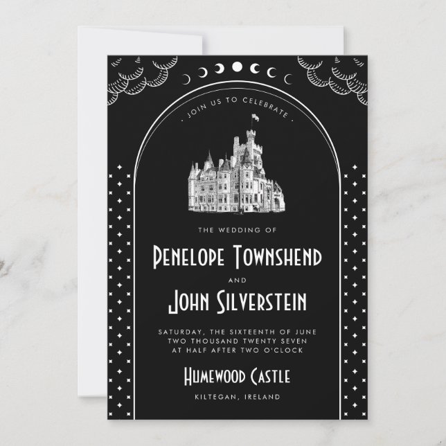 Gothic Art Deco Black White Castle Wedding Invitation (Front)