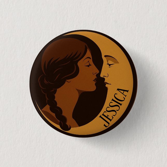 Gothic Art Deco Girl and Crescent Moon editable Button (Front)