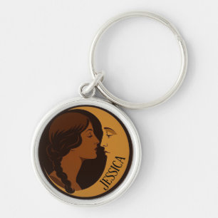 Gothic Art Deco Girl and Crescent Moon editable Keychain