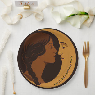 Gothic Art Deco Girl and Crescent Moon editable Paper Plates