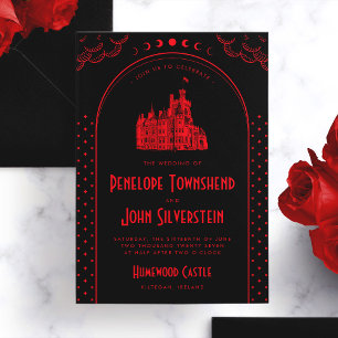 Gothic Art Deco Red Black Castle Wedding Invitation