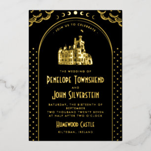 Gothic Art Deco Red Gold Castle Wedding Foil Invitation
