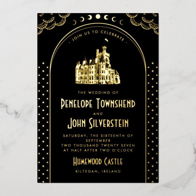 Gothic Art Deco Red Gold Castle Wedding Foil Invitation (Front)