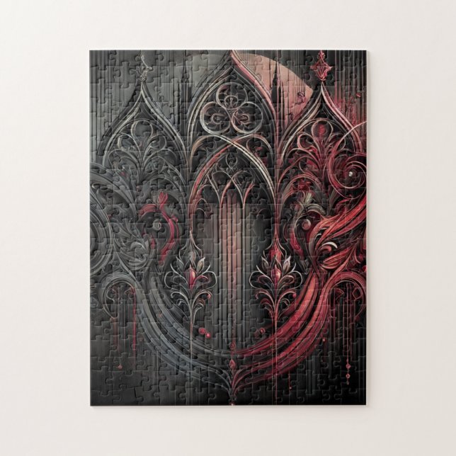 Gothic Art Puzzle – Intricate Red and Black Design (Vertical)