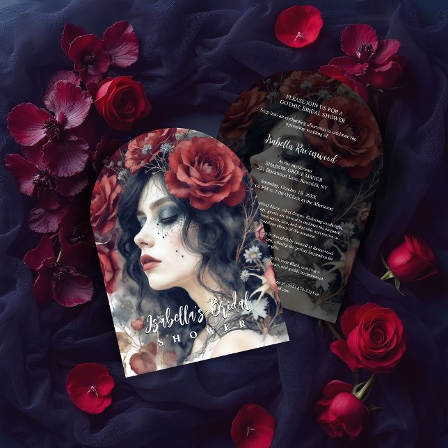 Gothic Attractive Girl Romantic Red Roses Bridal Invitation (Sophisticated Gothic Attractive Girl Romantic Red Roses Bridal Shower Invitation Cards.)