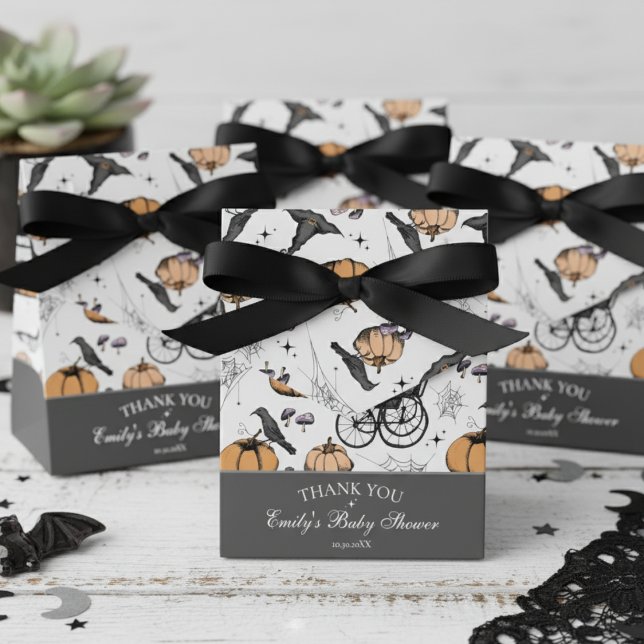 Gothic Baby Carriage Baby Shower Thank You Favor Boxes (Gender Neutral Gothic Gray Halloween Baby Shower Favor Boxes. Vintage Baby Carriage, Black Raven)