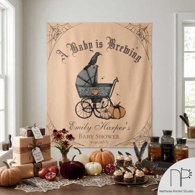 Gothic Baby is Brewing Shower Backdrop (Hand drawn gothic Halloween baby shower backdrop ink art with a chic noir theme)
