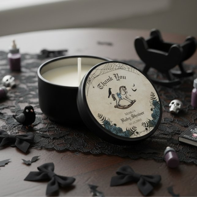 Gothic Baby Shower Blue Rocking Horse Thank You Mini Candle Favors (Elegant Floral Victorian Rocking Horse on Vintage Background. Blue Roses, Black Crown, Bats & Webs)