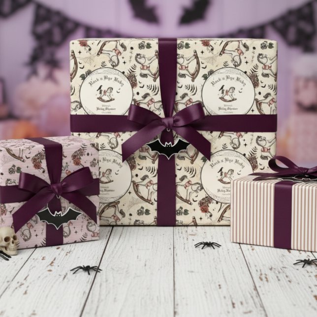 Gothic Baby Shower Pink Victorian Rocking Horse Wrapping Paper Sheets (Gothic Rock a Bye Baby Halloween Baby Shower Pink Stripes and Spooky Vintage Rocking Horse Pattern)