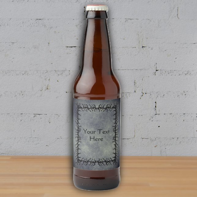Gothic Barbed black Branch Frame Glowing Grey Beer Bottle Label (Gothic spooky theme black barbed branch frame on glowing grey beer or drink bottle labels.)