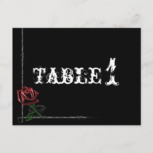 Gothic Barbed Wire and Rose Wedding Table Number (Front)