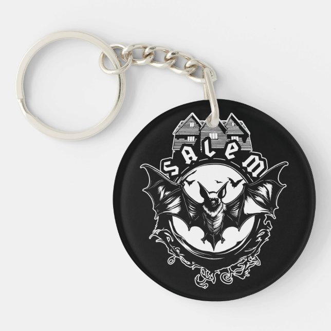 Gothic Bat And Salem Witch House Keychain (Front)