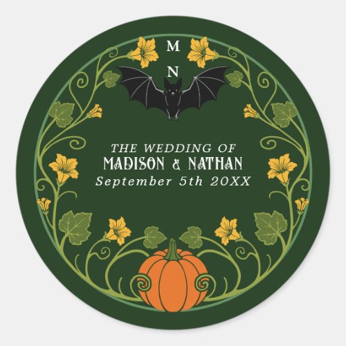 Gothic Bat Pumpkin Floral Autumn Wedding Classic Round Sticker