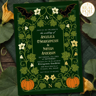 Gothic Bat Pumpkin Floral Autumn Wedding Foil Invitation