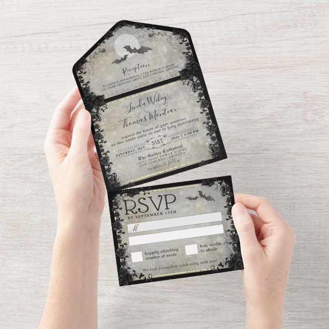 Gothic Bats Gray Elegant Halloween Wedding All In One Invitation (Tearaway)