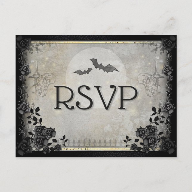Gothic Bats Gray Halloween RSVP Menu PostCard (Front)