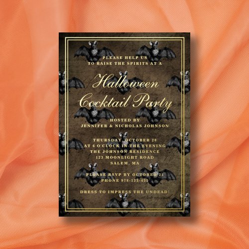 Gothic Bats Halloween Cocktail Party Gold Foil Invitation