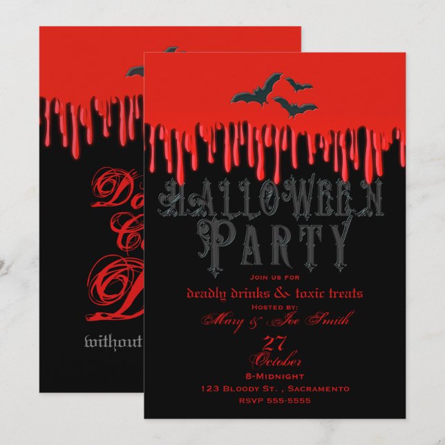 Gothic Bats & Red Dripping Blood Halloween Party Invitation (Front/Back)