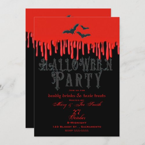 Gothic Bats  Red Dripping Blood Halloween Party Invitation