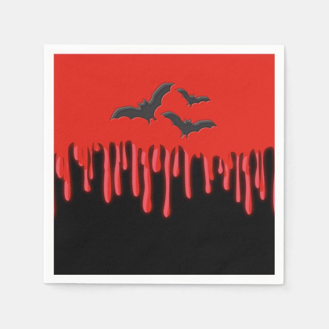Gothic Bats & Red Dripping Blood Halloween Party Napkins (Front)