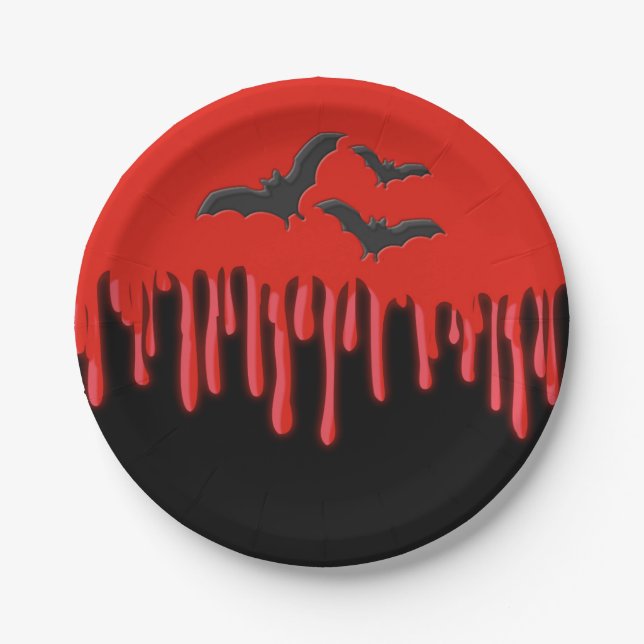 Gothic Bats & Red Dripping Blood Halloween Party Paper Plates (Front)