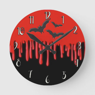 Gothic Bats & Red Dripping Blood Halloween Round Clock